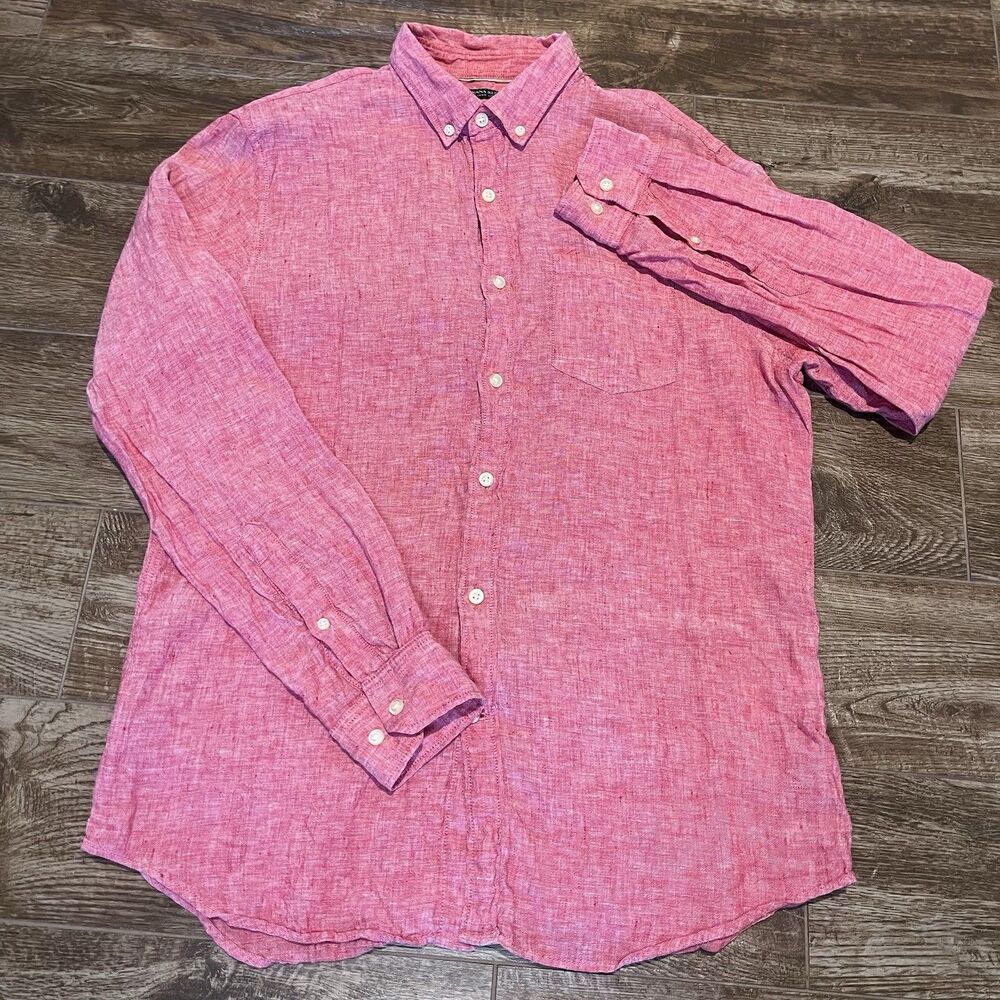 Banana Republic Button Up Shirt Mens M Red Linen Camden Fit Casual Long Sleeve